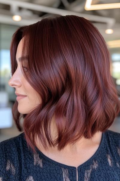 A woman with dark auburn, shoulder-length, wavy hair styled in loose, soft waves.