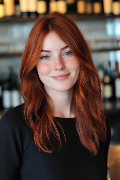 A woman with dark auburn hair styled in loose waves, with a centre parting and light makeup, stands smiling in front of a blurred background of shelves and bottles.