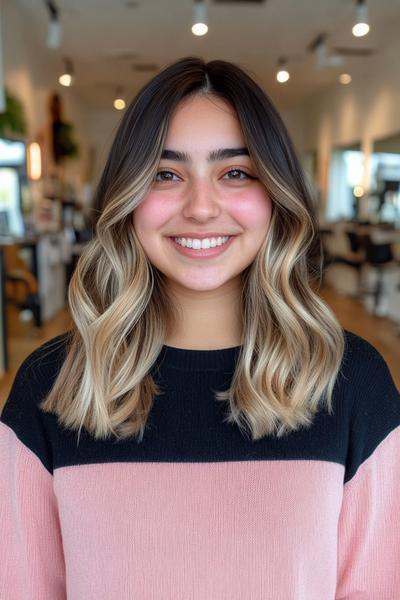 A woman with shoulder-length black hair featuring blonde highlights, styled in loose waves, smiles in a modern salon setting.