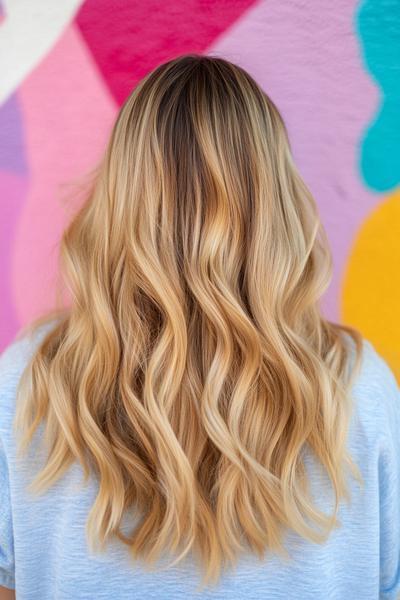 Blonde hair with dark brown streaks styled in loose waves against a vibrant, colourful background.