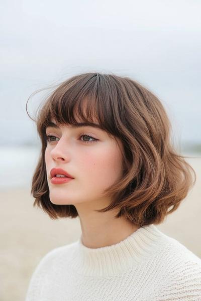 A young woman with a chin-length bob hairstyle featuring soft waves and a straight fringe, wearing a cream-coloured jumper and standing outdoors.