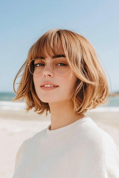 A woman with a light brown bob hairstyle and fringe, wearing glasses and a white top, standing on a beach.