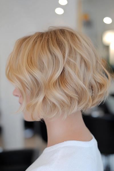 A person with a wavy, shoulder-length blonde bob hairstyle.