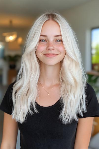 A young woman with long, wavy light ash blonde hair, parted in the middle, smiles in a softly lit indoor setting.