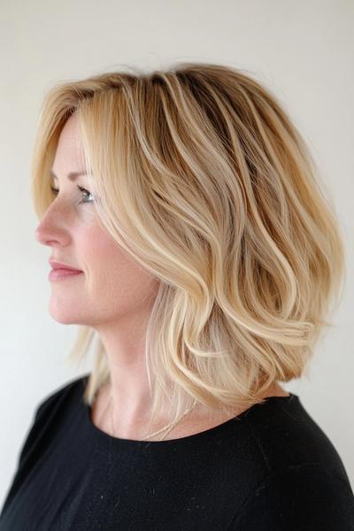 A woman with a medium-length, layered blonde bob hairstyle, featuring soft waves and side-swept bangs.