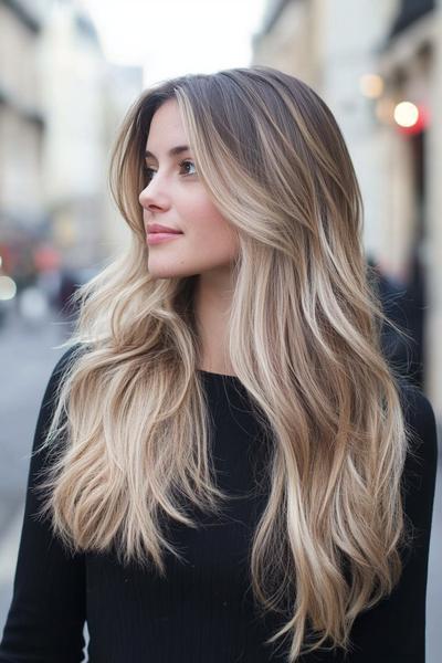 A woman with long, wavy blonde hair featuring subtle dark brown streaks for a highlighted effect.