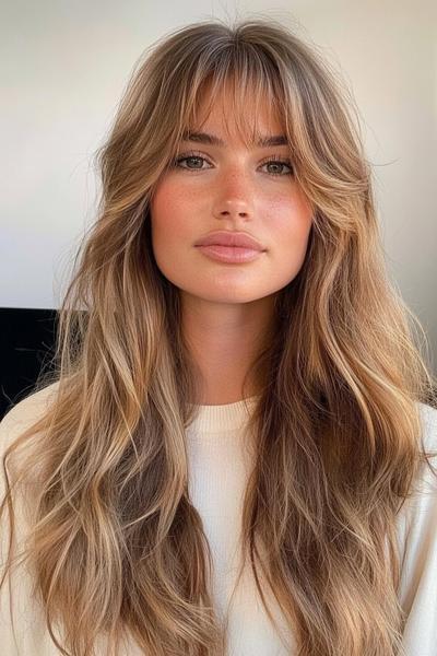 A woman with long, wavy hair featuring curtain bangs that frame her face.