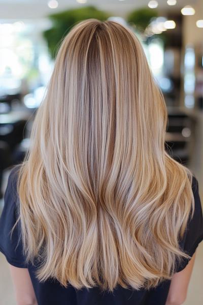 A blonde hairstyle with dark brown streaks running through it, featuring long, wavy locks taken from a rear view.