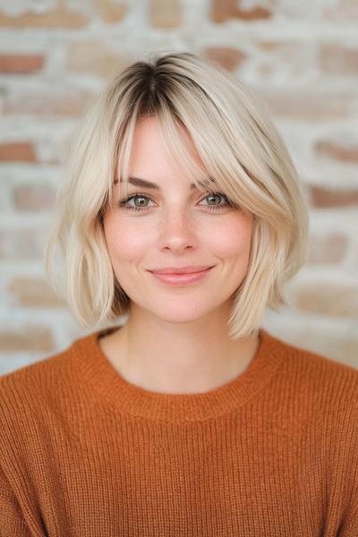 A woman with a short, blonde bob hairstyle featuring soft layers and a centre parting, wearing an orange sweater and standing against a brick wall background.