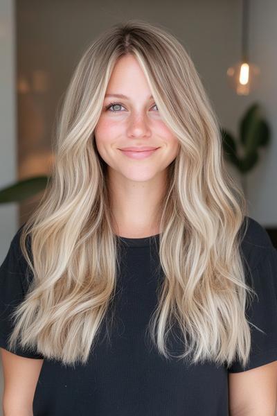 A woman with long, wavy blonde hair featuring subtle dark brown streaks in a stylish, modern look.