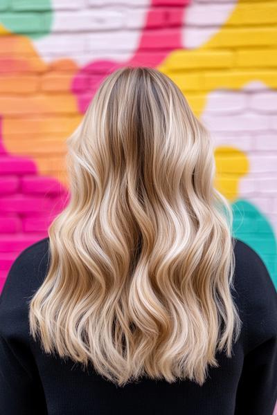 Blonde wavy hair styled with dark brown streaks cascading down the back against a colourful brick wall background.