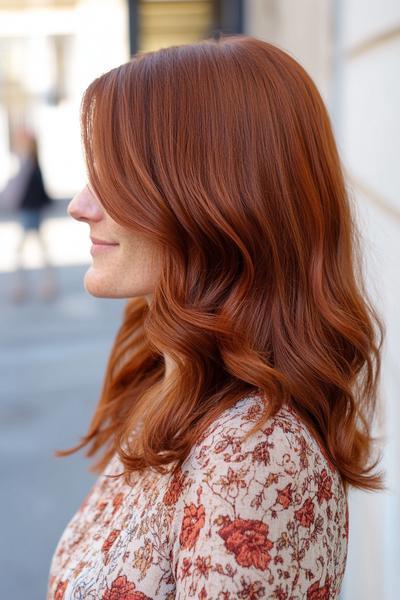 A woman with shoulder-length, dark auburn hair styled in loose waves.