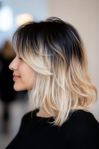 A person with shoulder-length black hair featuring striking blonde highlights, styled into soft waves for a modern contrast look.