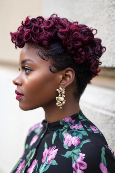 A woman with short, curly burgundy dark red hair styled in a voluminous, textured updo.