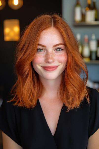 A woman with shoulder-length, dark auburn hair styled in loose waves, wearing a black top, smiles softly against a blurred background.