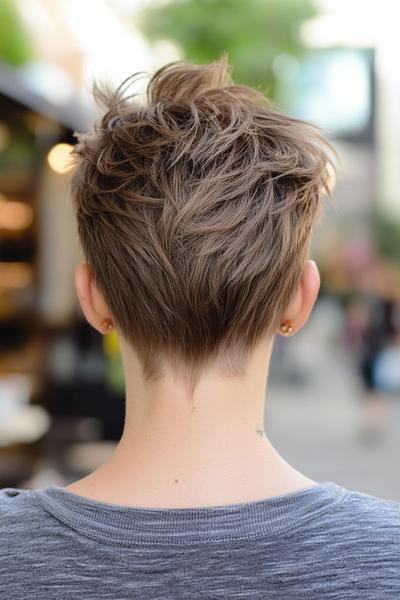 A short undercut pixie hairstyle with textured layers, viewed from the back.