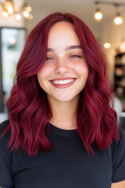 A young woman with shoulder-length, wavy burgundy dark red hair smiles brightly in a well-lit salon.