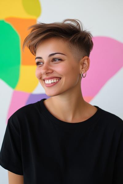 A woman with a stylish undercut pixie haircut, featuring short, closely cropped sides and back with longer, textured hair on top.