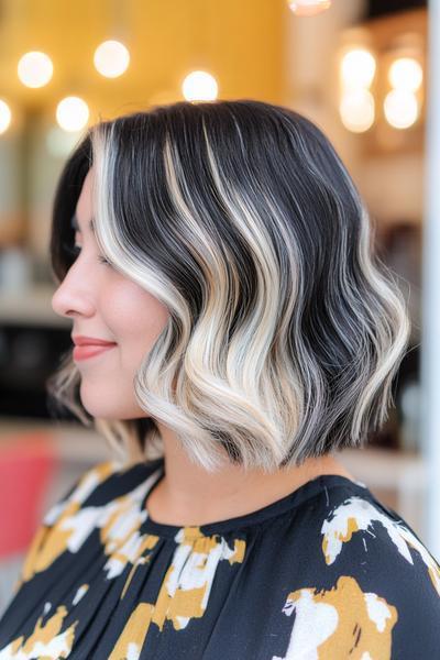 Woman with wavy, shoulder-length black hair featuring bold blonde highlights.