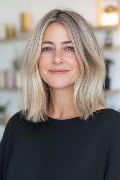 A woman with shoulder-length, ash-blonde hair styled in soft, loose waves.