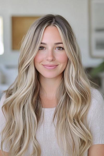 A woman with long, wavy blonde hair featuring dark brown streaks, parted in the middle, smiling softly.