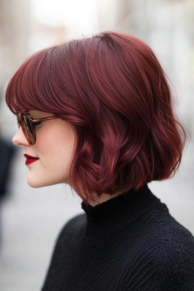 A woman with burgundy dark red, wavy bob hair and fringe, wearing sunglasses and a black turtleneck jumper.