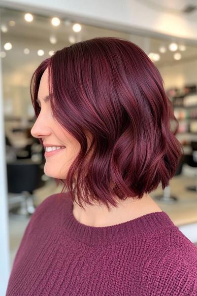 A woman with a wavy, chin-length bob hairstyle in a rich burgundy dark red colour, complemented by a matching burgundy sweater.