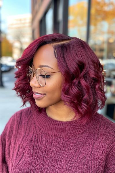 A woman with shoulder-length, wavy, burgundy dark red hair, wearing glasses and a maroon knit sweater, smiles while standing outdoors.