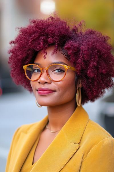 A woman with short, curly burgundy dark red hair, wearing glasses and a yellow blazer, smiles confidently.