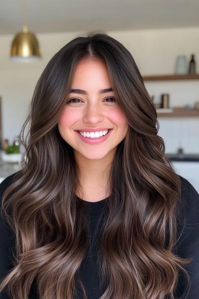 A woman with long, wavy dark brown hair and subtle balayage highlights, styled in soft, loose curls.