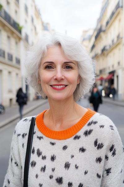 A smiling elderly woman with short, wavy grey hair styled in a soft, natural look, wearing a white jumper with black spots and an orange neckline.