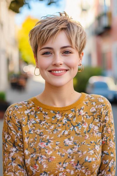 A young woman with an undercut pixie hairstyle, featuring short, textured layers on top and closely cropped sides, smiles while wearing a mustard floral sweater.