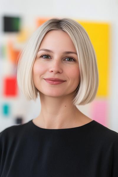 A woman with a sleek blonde bob hairstyle is smiling against a colourful abstract background.