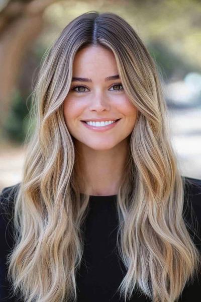 Woman with long blonde hair featuring dark brown streaks and loose waves.