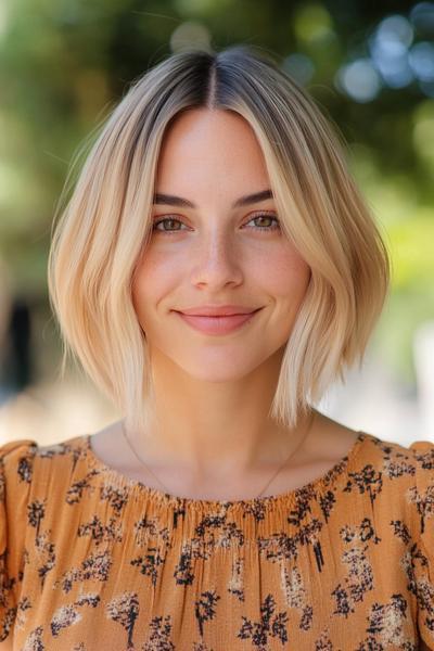 A woman with a classic blonde bob haircut featuring slight waves and a centre part, wearing a floral top and smiling.