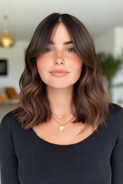 Woman with dark chocolate brown hair styled in soft, loose waves and a middle parting.