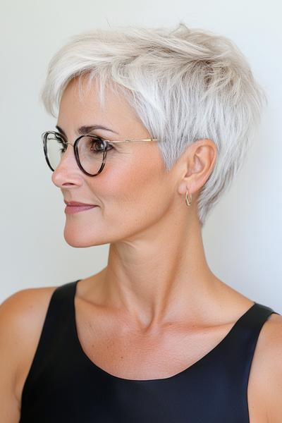 A woman with short, stylish, silver hair, wearing glasses and a black top, showing a modern pixie cut with soft bangs.