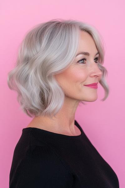 A woman with silver, wavy, shoulder-length hair styled in loose curls.