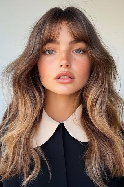 A woman with long, wavy hair styled with curtain bangs, creating a soft and youthful look.