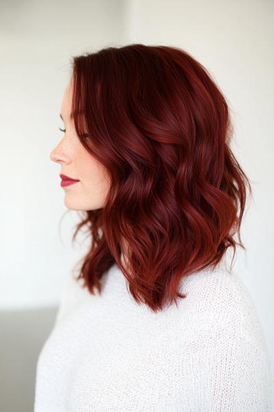 A woman with shoulder-length, wavy burgundy dark red hair styled in loose waves.