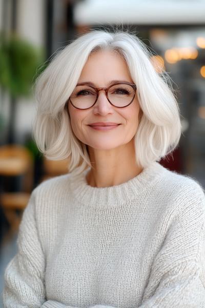 A woman with shoulder-length, silver hair styled in soft, loose waves, wearing glasses and a cosy, light-coloured sweater.