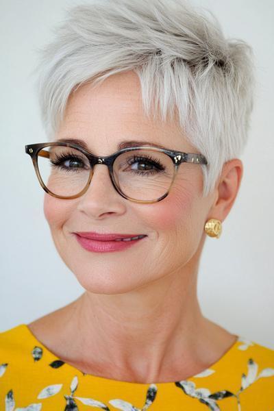 A woman with short, silver hair in a chic pixie cut wears glasses and a yellow top with a floral pattern.