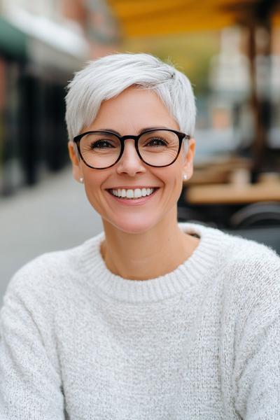 A smiling older woman with short, neatly styled pixie cut hair, wearing glasses and a cosy white jumper.