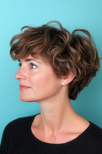 A woman with short, wavy, and layered hair styled in a chic, youthful manner, perfect for those over 50.