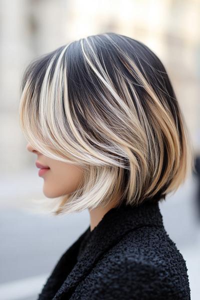 A bob haircut featuring black hair with blonde highlights, styled in soft, face-framing layers.