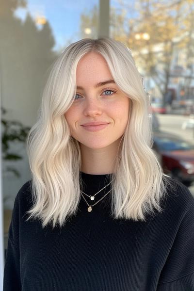 A woman with light ash blonde hair styled in loose waves, wearing a black top and layered necklaces.