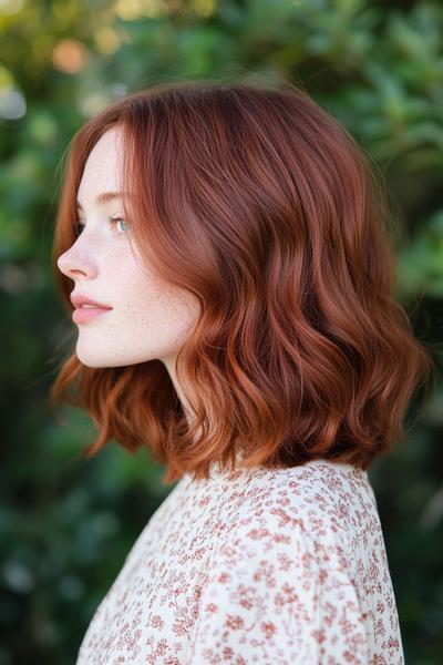 A woman with dark auburn hair styled in soft, loose waves is shown in profile, against a blurred natural background.