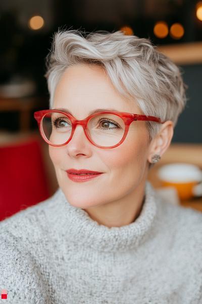 An older lady with glasses showcasing a stylish pixie cut with grey hair.