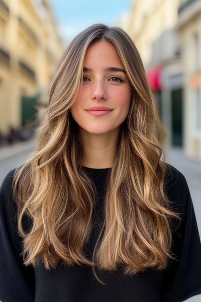 A woman with long, wavy blonde hair featuring dark brown streaks is standing outdoors, smiling softly.