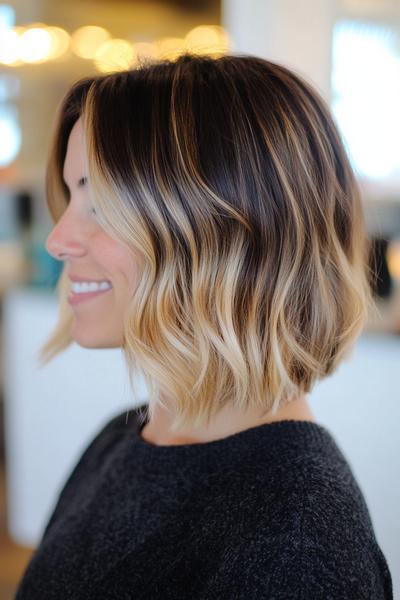 A woman with short, wavy black hair featuring prominent blonde highlights, styled in a shoulder-length bob.